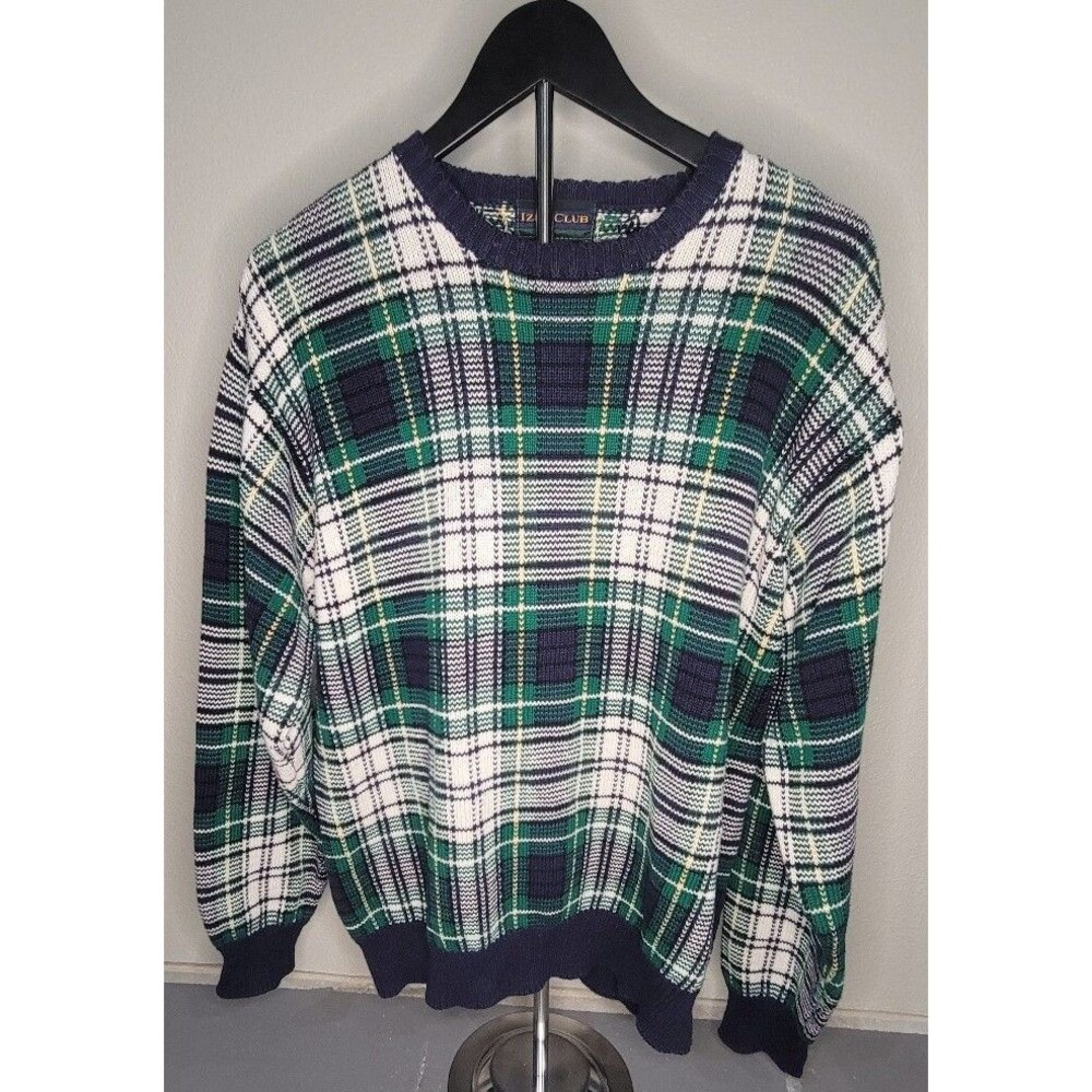 Vintage IZOD Club Plaid Sweater Men’s S/M Green Navy White Cotton Knit Preppy 90